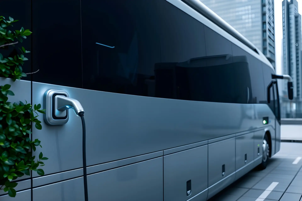 Un bus électrique gris est en cours de recharge, avec le câble branché sur le côté du véhicule. L'arrière-plan flou suggère un environnement urbain moderne, mettant en avant la mobilité durable.