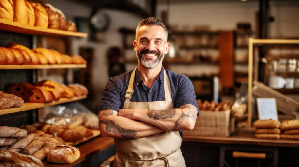 Un boulanger barbu et souriant, avec des tatouages sur les bras, est debout les bras croisés dans sa boulangerie. Des étagères de pains frais sont visibles derrière lui, créant une ambiance artisanale.