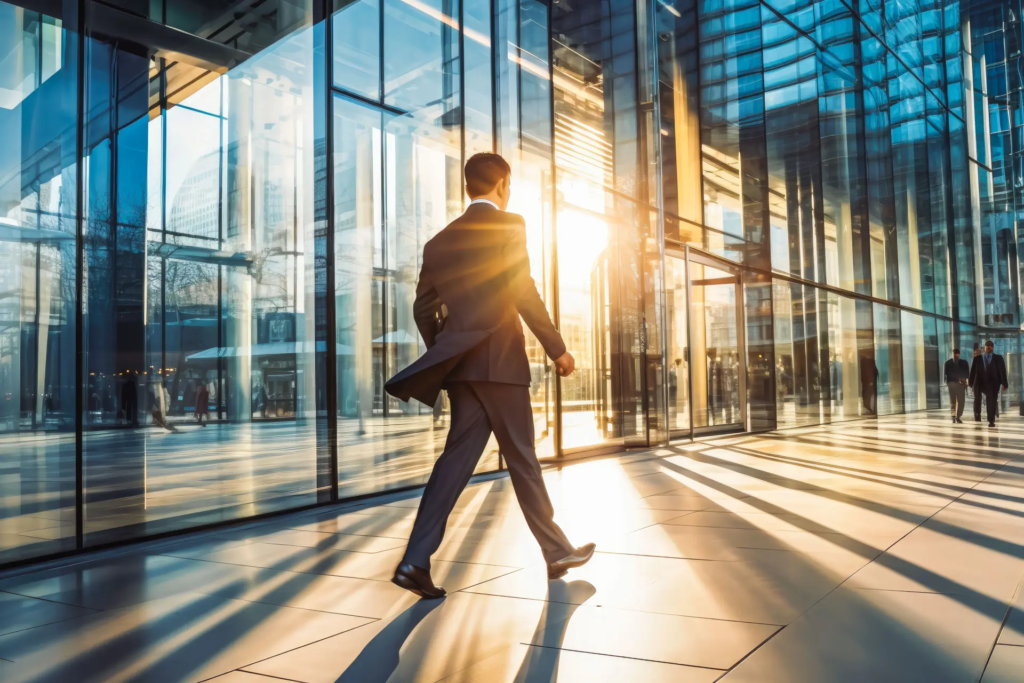 Un homme d'affaires en costume marche devant une façade de bâtiment moderne en verre, avec le soleil couchant ou levant créant un reflet lumineux. L'image évoque le dynamisme du monde des affaires et l'architecture contemporaine.