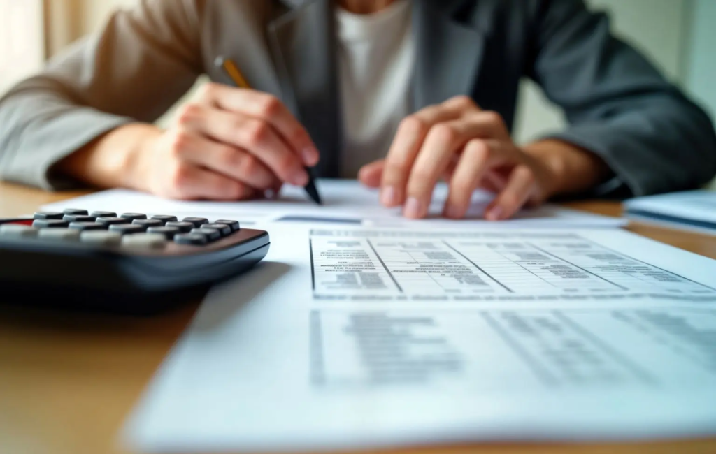 Homme consultant ses factures d'énergie et faisant des calculs à l'aide d'une calculatrice