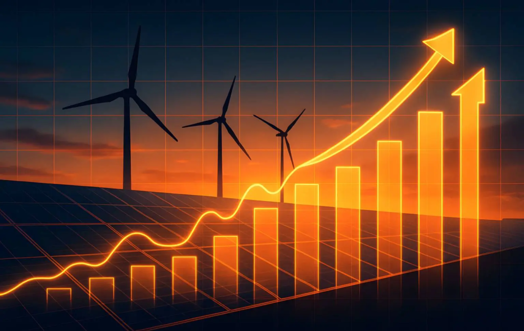 Graphique de courbe en hausse, avec en arrière plan des éoliennes et un coucher de soleil