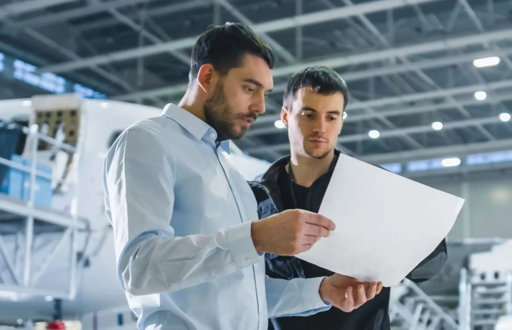 Deux professionnels examinant un document énergétique dans un atelier industriel