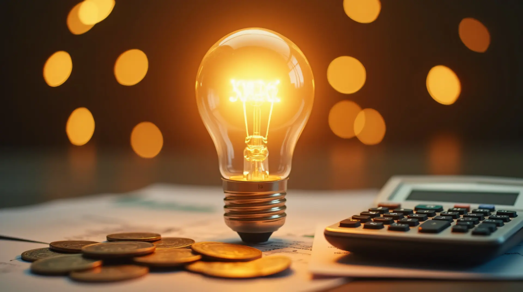 Ampoule allumée posée sur des documents avec pièces de monnaie et calculatrice symbolisant le coût de l’énergie