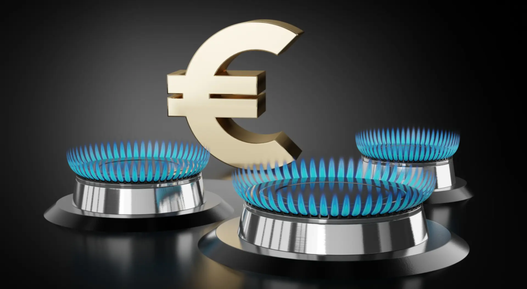 Symbole euro posé sur trois feux de gazinière allumés, représentant le coût du gaz naturel pour les entreprises.