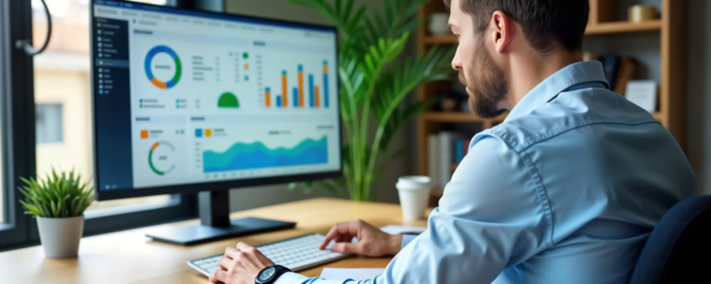 Un responsable d’entreprise consulte un tableau de bord énergétique sur son ordinateur pour suivre la performance de son bâtiment tertiaire.