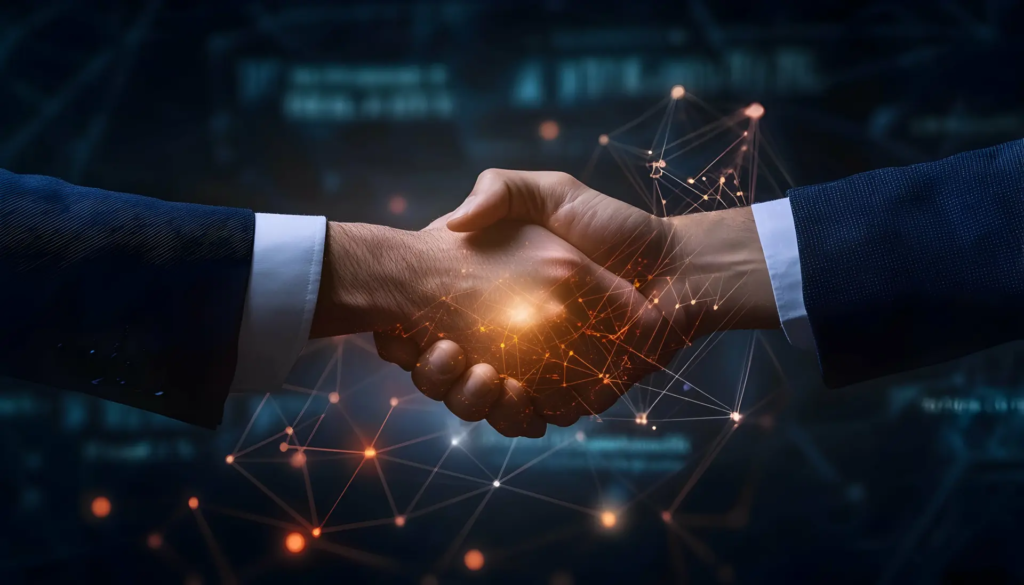 Poignée de main symbolisant un accord énergétique multi-sites, au cœur d’un réseau de points interconnectés représentant plusieurs implantations.