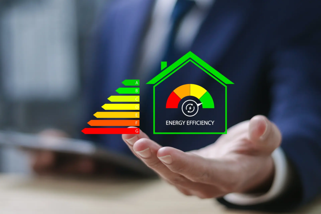 Écran virtuel affichant une échelle de performance énergétique et des icônes environnementales, illustrant les avantages de la GTB et de la GTC pour les bâtiments tertiaires.