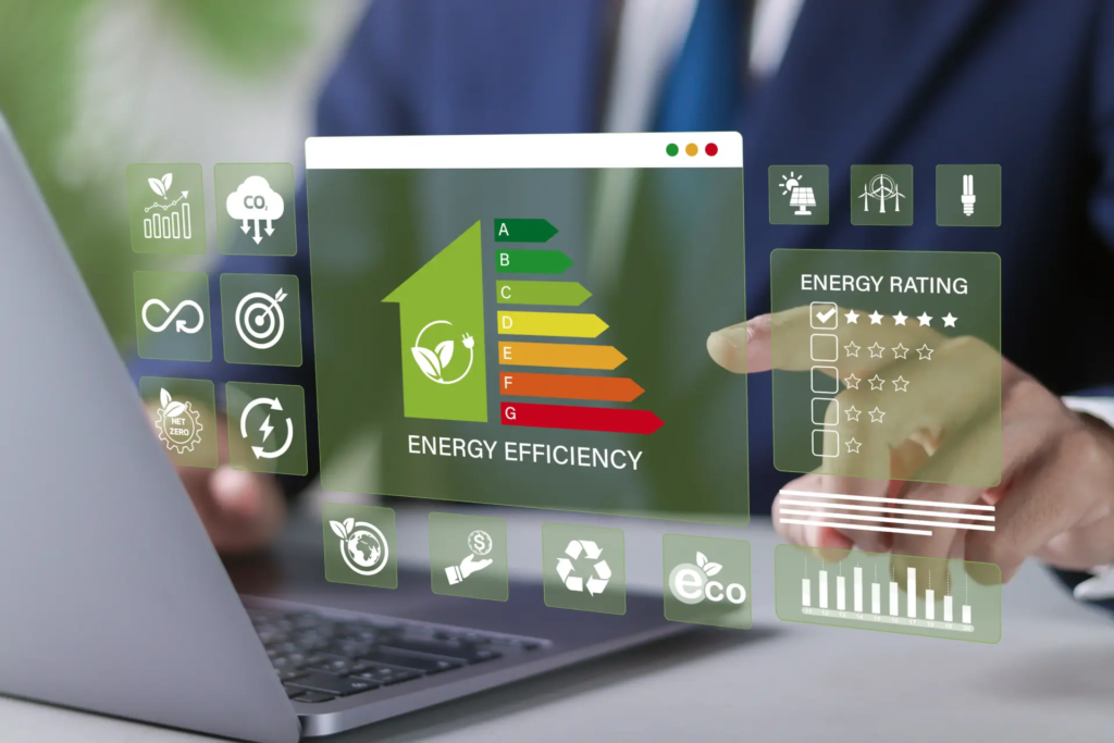 Une main pointe vers des icônes énergétiques affichés sur une tablette tactile, représentant les réglages d’une GTC.