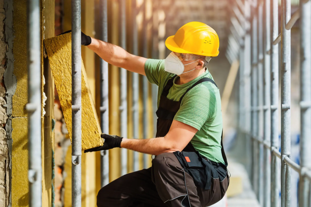 Sur un échafaudage, artisan avec un casque de chantier jaune posant de l'isolant sur une façade.