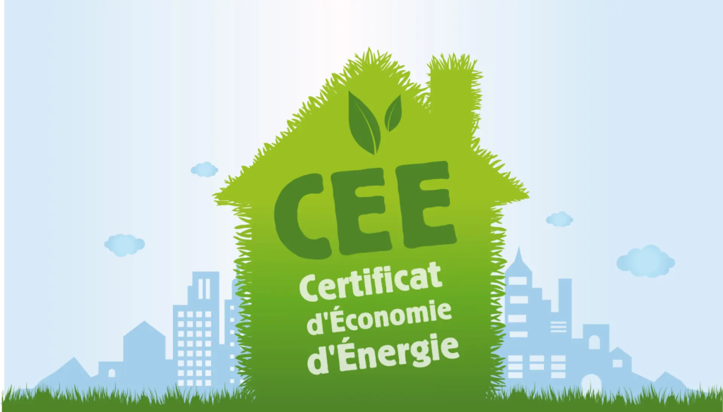 Dessin d’une maison verte en gazon avec l’inscription "CEE Certificat d’Économie d’Énergie", représentant les travaux éligibles aux fiches standardisées CEE.