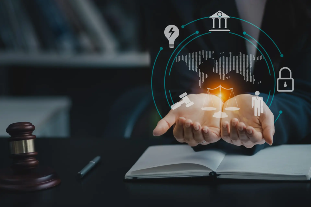 Personne tenant ses mains ouvertes au-dessus d’un livre, avec des symboles d’énergie, de justice, de droit et de sécurité flottant, représentant les obligations du décret tertiaire.