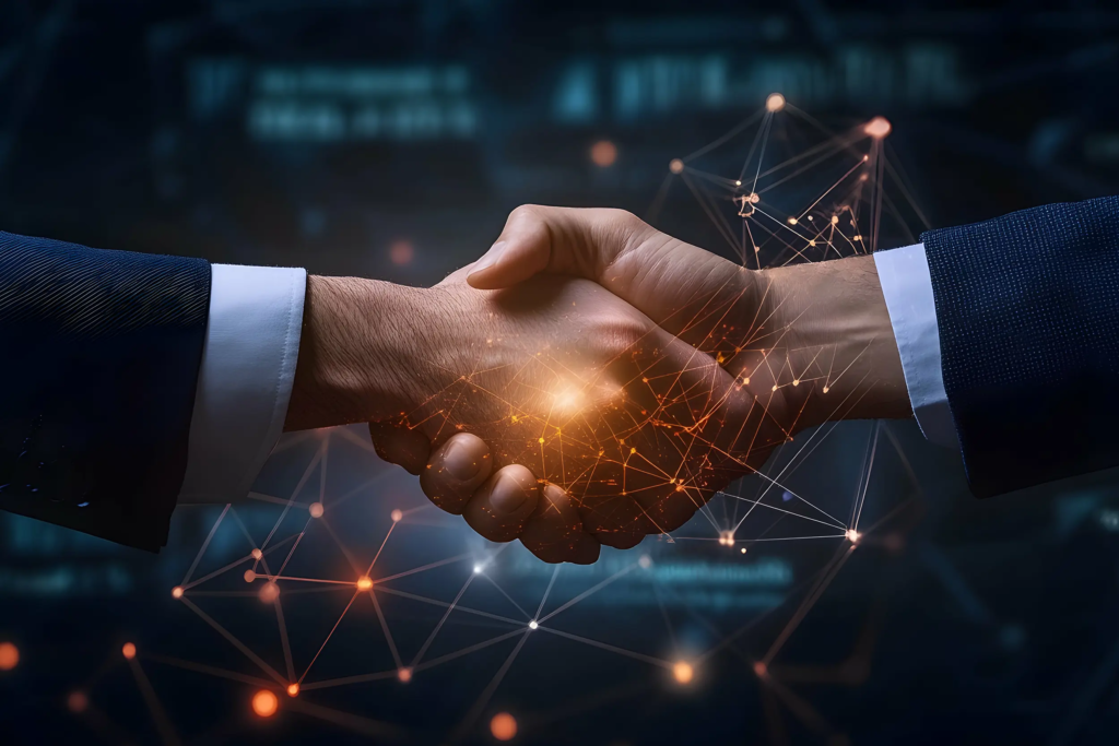 Poignée de main symbolisant un accord énergétique multi-sites, au cœur d’un réseau de points interconnectés représentant plusieurs implantations.