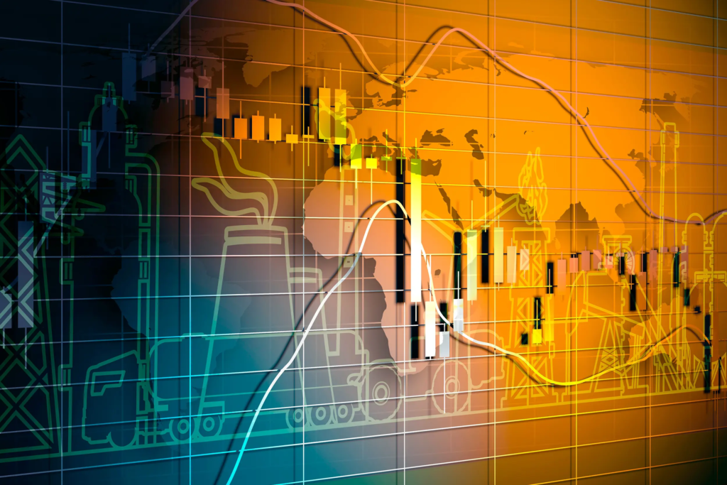 Carte du monde avec des courbes de valeurs et des symboles énergétiques, représentant la complexité et l’interconnexion des marchés de l’énergie.