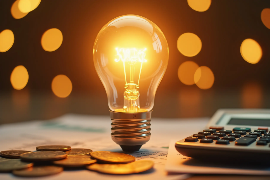 Ampoule allumée posée sur des documents avec pièces de monnaie et calculatrice symbolisant le coût de l’énergie