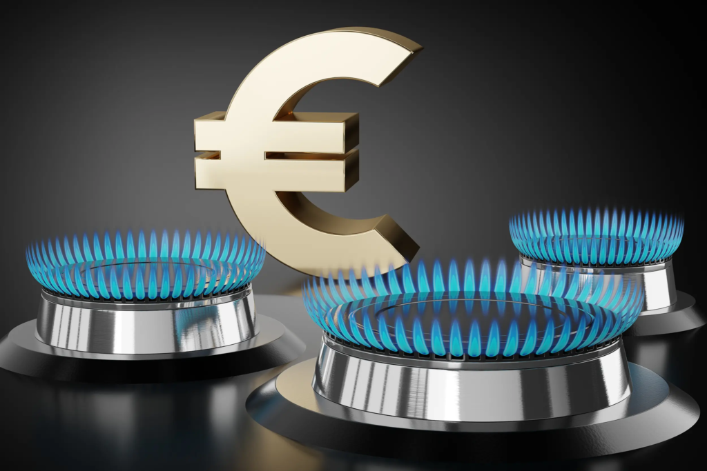 Symbole euro posé sur trois feux de gazinière allumés, représentant le coût du gaz naturel pour les entreprises.