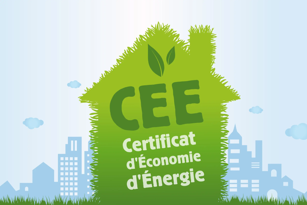Dessin d’une maison verte en gazon avec l’inscription "CEE Certificat d’Économie d’Énergie", représentant les travaux éligibles aux fiches standardisées CEE.
