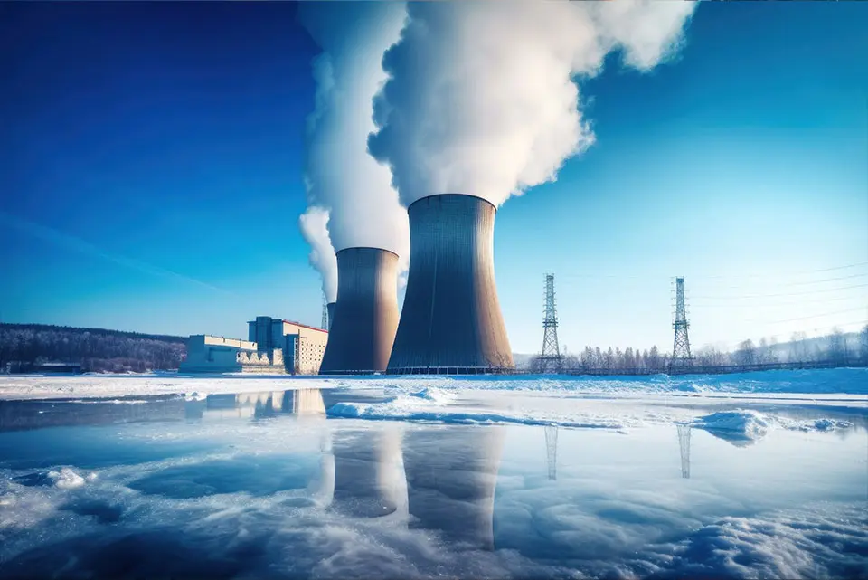 Centrale nucléaire en hiver avec vapeur s’échappant des tours de refroidissement
