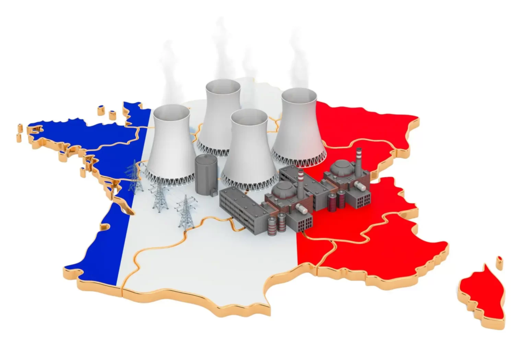 Carte de la France coloré avec une illustration de central nucléaire apposée.