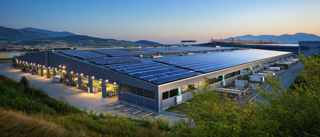 Usine moderne équipée de panneaux photovoltaïques en toiture, symbole de la décarbonation industrielle et de l’efficacité énergétique.