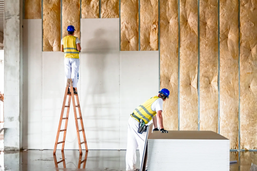 Deux ouvriers fixent du placo sur un mur pour masquer un isolant intérieur, illustrant un projet de rénovation énergétique valorisable en CEE.