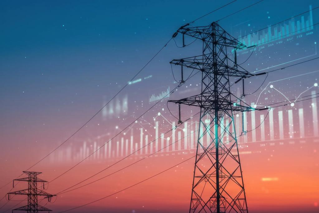 Pylône électrique haute tension avec une courbe financière ascendante en surimpression, illustrant l’évolution des marchés de l’électricité en France. Marchés de l’électricité et du gaz : comprendre les fondamentaux