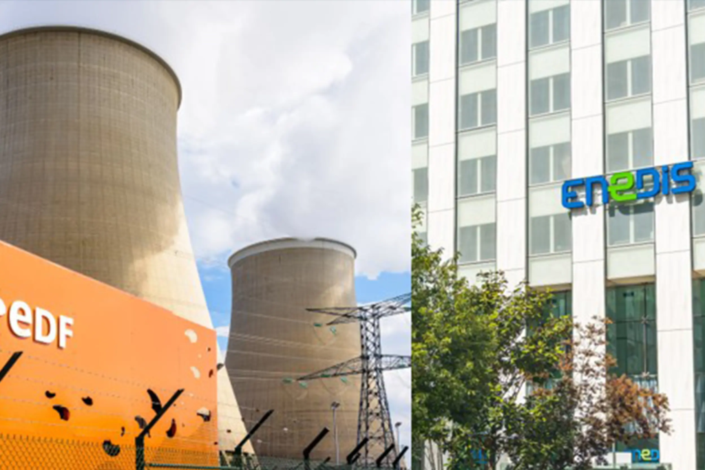 Logos d'EDF et d'Enedis sur les façades de leurs bâtiments, illustrant la différence entre fournisseur et gestionnaire du réseau d'électricité