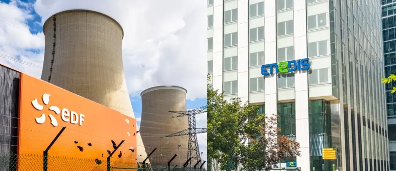 Logos d'EDF et d'Enedis sur les façades de leurs bâtiments, illustrant la différence entre fournisseur et gestionnaire du réseau d'électricité
