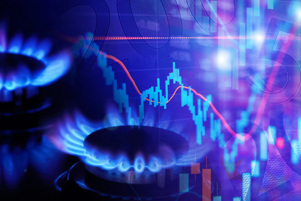 Flammes de gaz naturel avec graphiques représentant l’évolution des prix du gaz sur les marchés