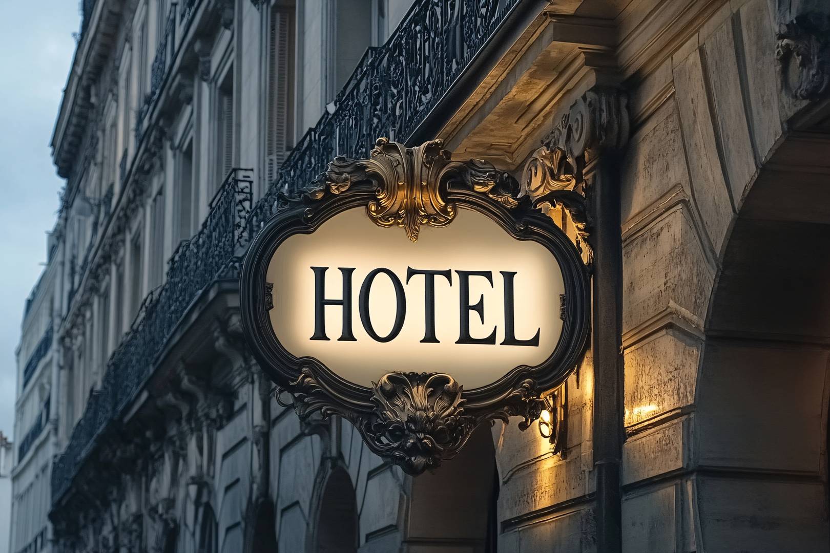 Énergie hôtel restaurant : enseigne lumineuse “HOTEL” sur un immeuble haussmannien avec balustrades en fer forgé.