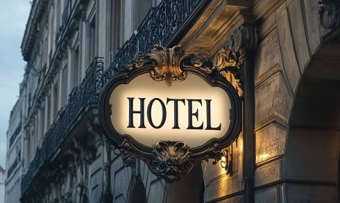Énergie hôtel restaurant : enseigne lumineuse “HOTEL” sur un immeuble haussmannien avec balustrades en fer forgé.
