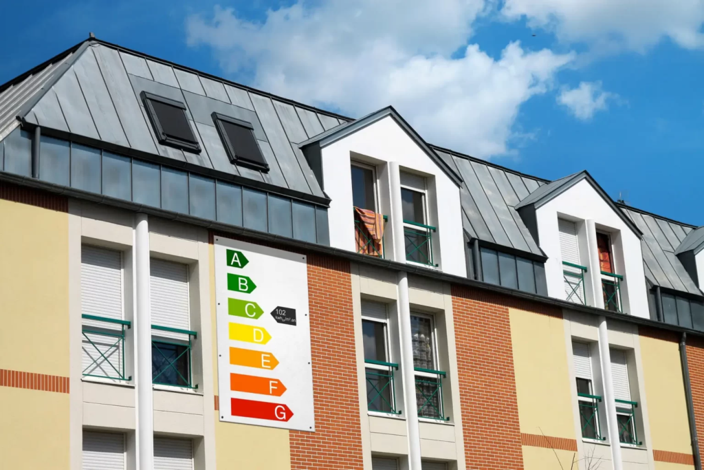 façade d'un immeuble en copropriété affichant une échelle de performance énergétique