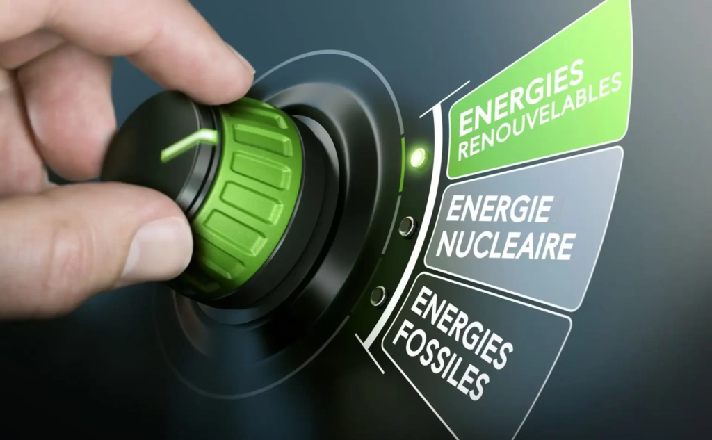 Illustration représentant un bouton rotatif permettant de sélectionner un type d’énergie : énergies renouvelables, énergie nucléaire ou énergies fossiles.