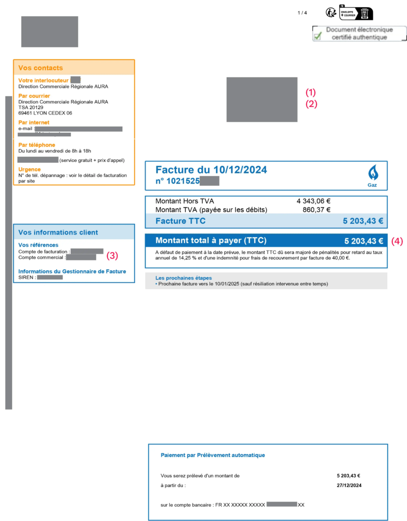 Page récapitulative d'une facture de gaz
