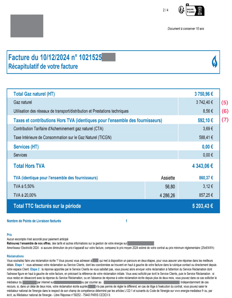 Facture de gaz où sont visibles les trois familles de coûts : la fourniture de gaz (5), l’acheminement via le réseau (6) et les taxes et contributions (7). 