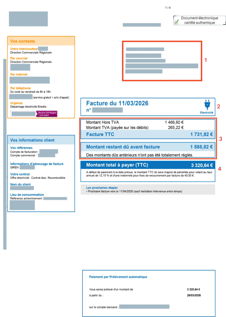 Page récapitulative de la facture d’électricité