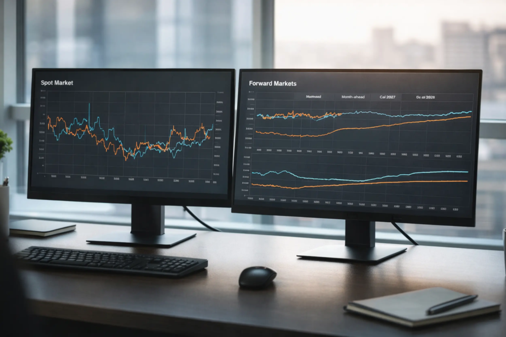 Poste de travail avec deux écrans affichant des graphiques de prix de l’énergie sur le marché spot et les marchés à terme.