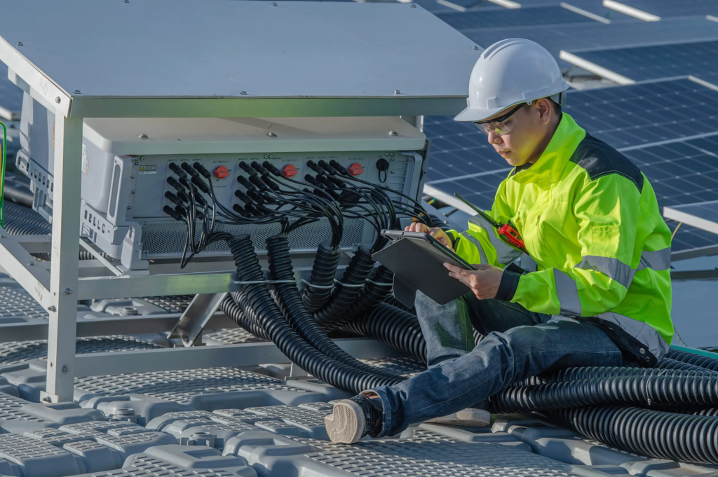 Électricien vérifiant la connexion d’une installation photovoltaïque sur le toit d’une entreprise en autoconsommation, illustration du tarif photovoltaïque en contexte professionnel.