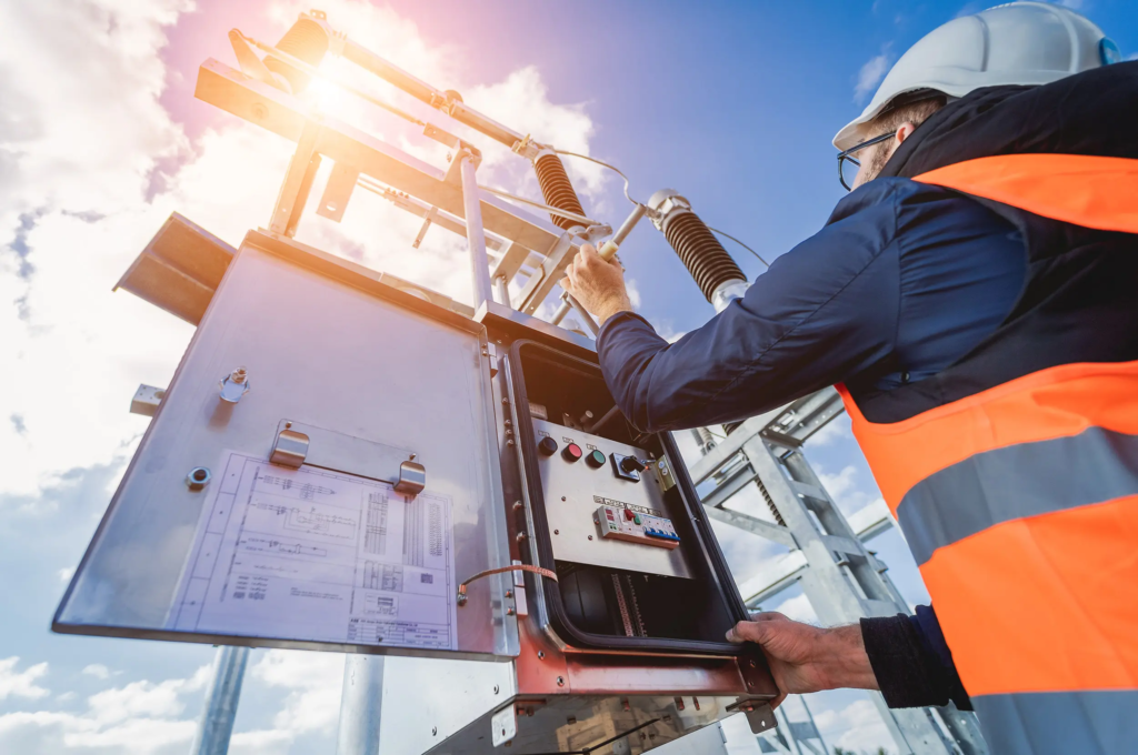 Electricien contrôlant un poste de raccordement électrique alimentant un site industriel