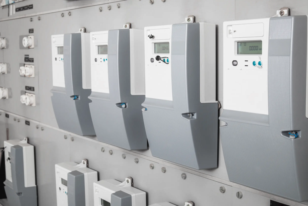 Armoire de compteurs d'électricité de type PME-PMI installé dans un local technique professionnel