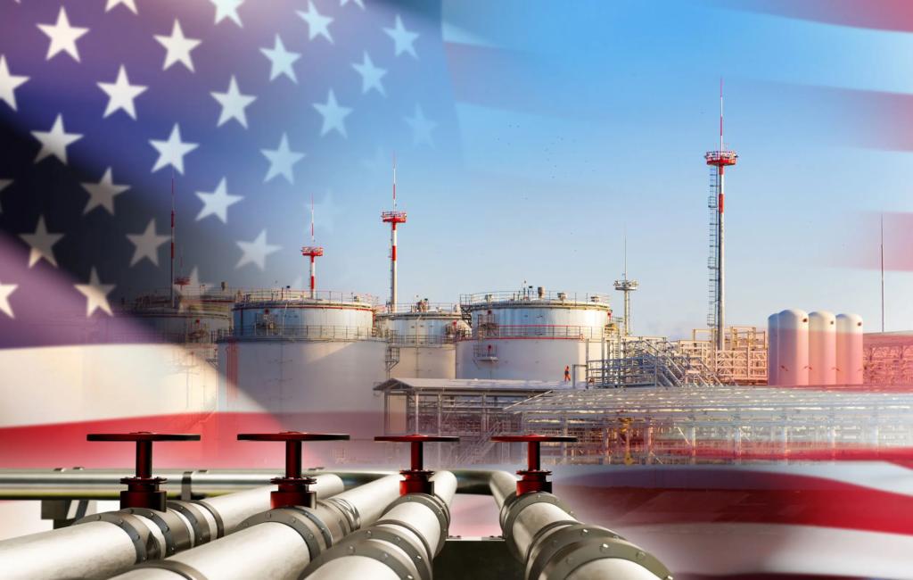 Pipelines et réserves de gaz en premier plan avec le drapeau américain