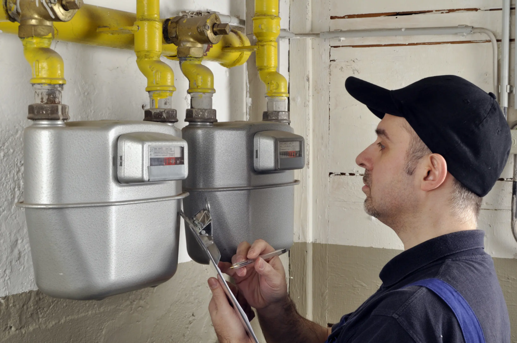 Technicien relevant un compteur gaz professionnel pour contrôler la consommation