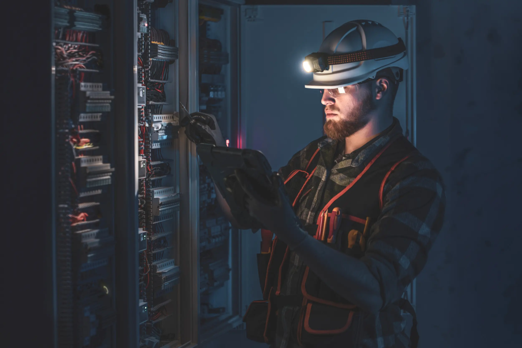 technicien vérifiant une armoire électrique à la lampe frontale après une coupure liée à un dépassement de puissance souscrite.