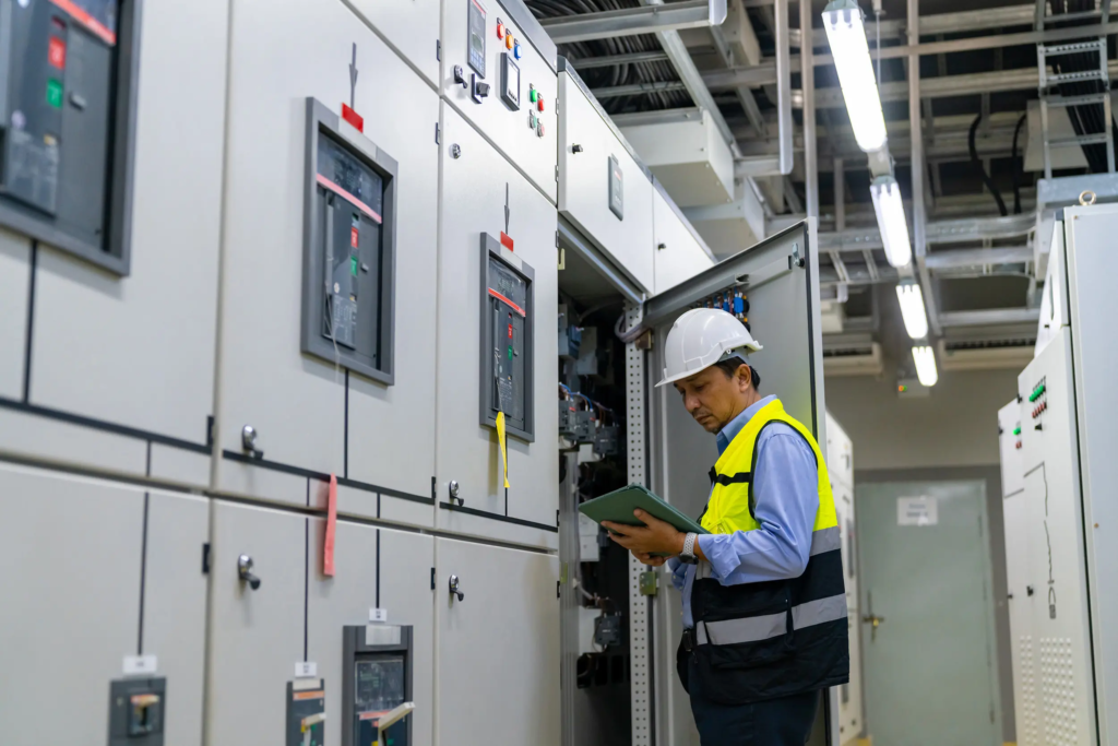 Ingénieur vérifiant l'armoire électrique de son site industriel pour contrôler sa puissance souscrite