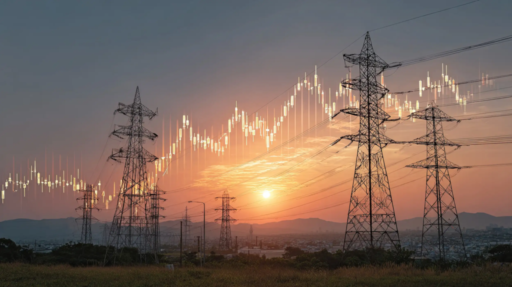 Lignes électriques à haute tension au coucher du soleil, avec en surimpression une courbe de prix du marché de l’électricité