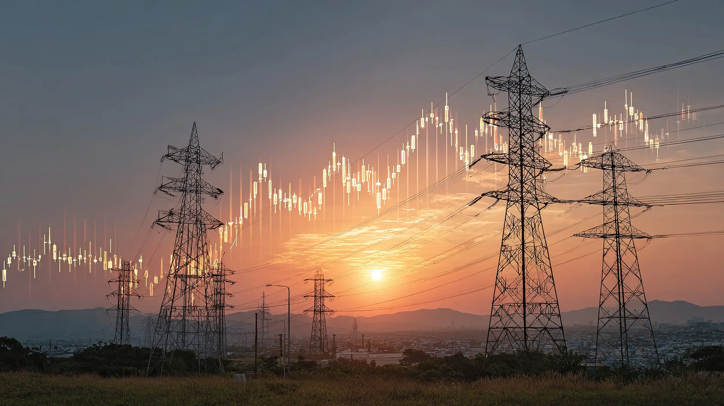 Lignes électriques à haute tension au coucher du soleil, avec en surimpression une courbe de prix du marché de l’électricité
